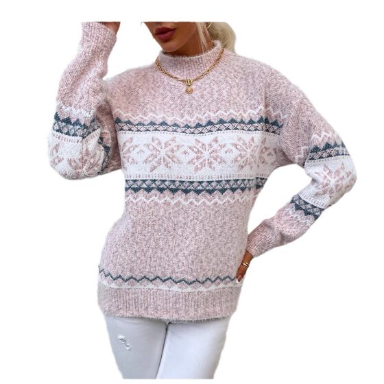 Cross-border foreign trade European and American women's clothing 2024 autumn and winter fashion Christmas snowflake pattern semi-turtleneck sweater pullover sweater