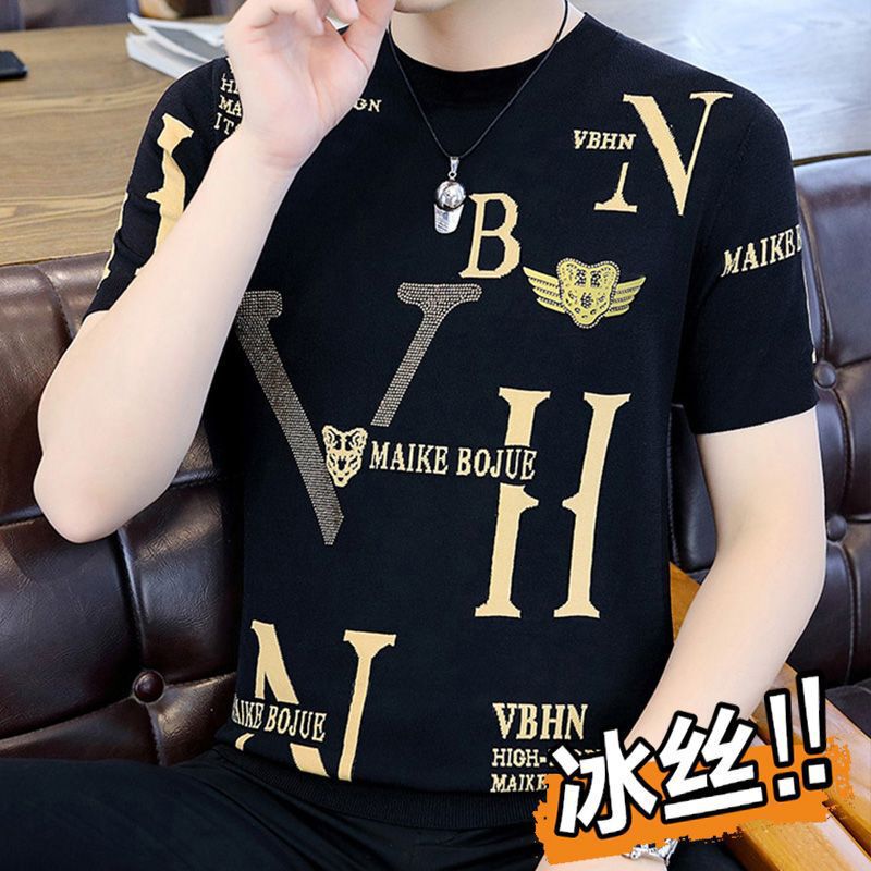 Foreign Trade Cut Label Ice Silk Short-sleeved Men's T-shirt Round Neck Thin European and American Style Handsome All-match Half-sleeved Casual T-shirt Foreign Trade Cut Label Ice Silk Short-sleeved Men's T-shirt Round Neck Thin European and American Style Handsome All-match Half-sleeved Casual T-shirt