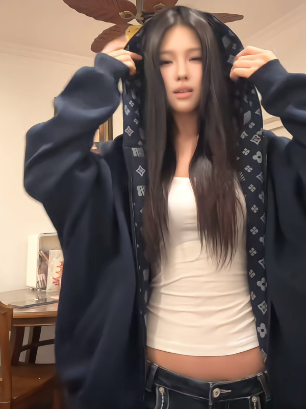 美式复古印花开衫连帽卫衣女秋季2025新款设计感宽松休闲开衫外套|undefined