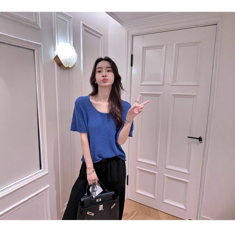 Mu Jun Clothing Factory/Summer Knitted T-Shirt for Women, Loose Mesh Hollow Breathable Short Sleeve Casual T-Shirt Top