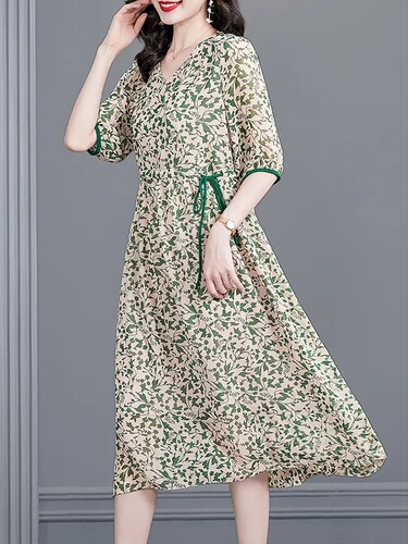 Celebrity style, floral collar, short-sleeved dress, summer new style, green large-size mid-length dress