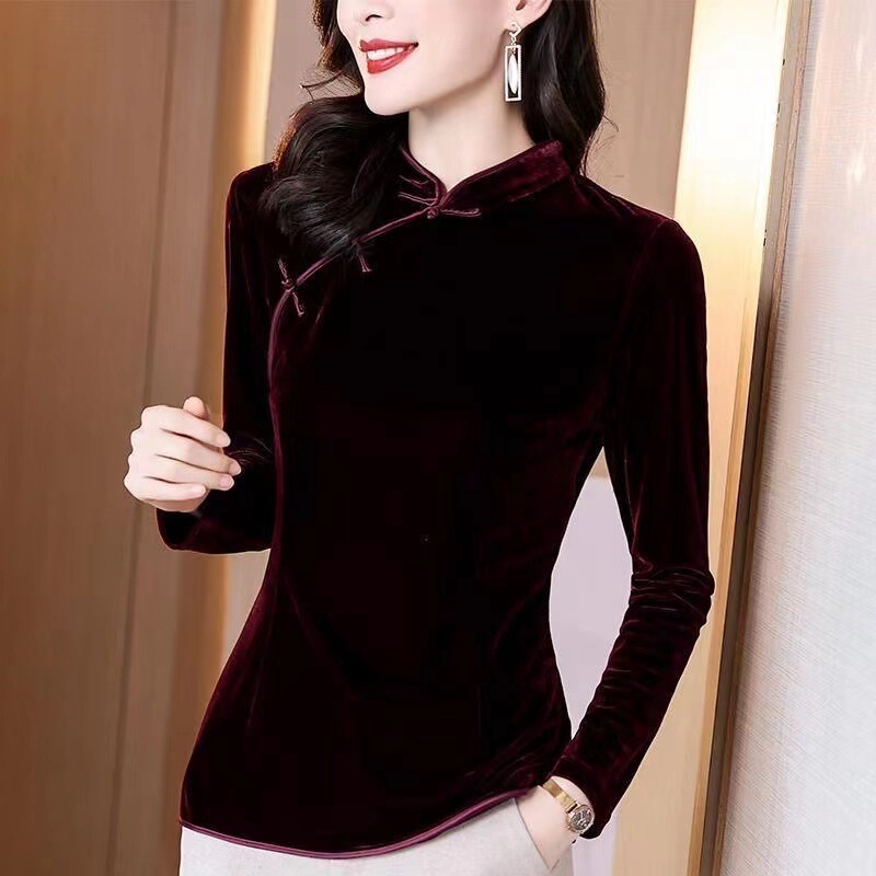 Wine red gold velvet bottoming shirt women's autumn 2022 new retro buckle cheongsam collar shirt slim-fit long-sleeved top