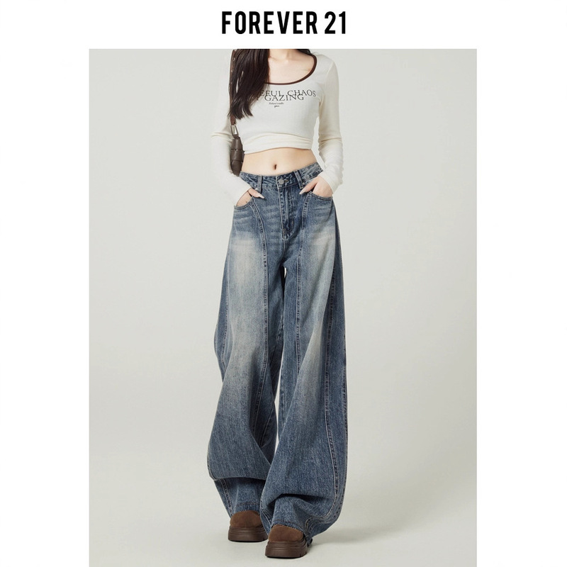 Forever 21 Retro Blue High Street Loose Wide-Leg Jeans for Women American Design High-Waist Draped Scimitar Pants