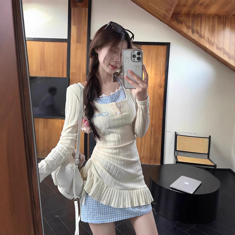 Pure Desire Style Hanging Neck dress Women's Autumn Fake Two-piece Skirt Sweet Spice Girl Tight Waist Irregular Stitching Stacked Skirt Pure Desire Style Hanging Neck dress Women's Autumn Fake Two-piece Skirt Sweet Spice Girl Tight Waist Irregular Stitching Stacked Skirt