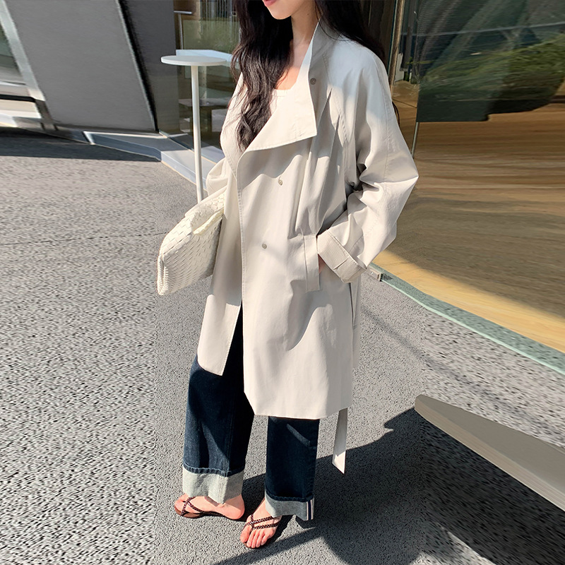 ng2510292 MOXI Thirteen Lines Women's Clothing 2026 Spring Korean Style Stand Collar Long Trench Coat For Petite Women_ecoleips.com
