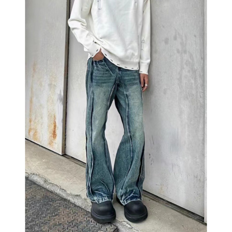 Amerikanische High Street Jeans mit geradem Bein und Lichtmuster und Micro-Pull-Wash-Spleißen-Design, vielseitig und stilvoll_voghion.com