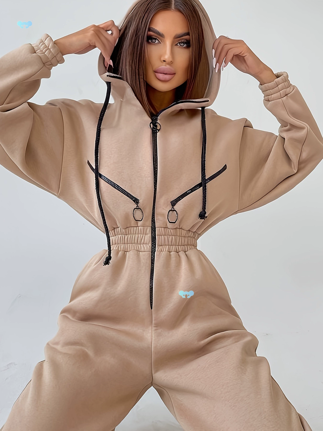 Женский комбинезон, комбинезон, толстовка с капюшоном, комплект с высокой талией