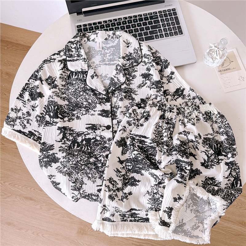 High-end Light Luxury Western Style Shirt Pajamas Women's 2024 Summer New Short-sleeved Cardigan plus size Home Clothes suit Trendy