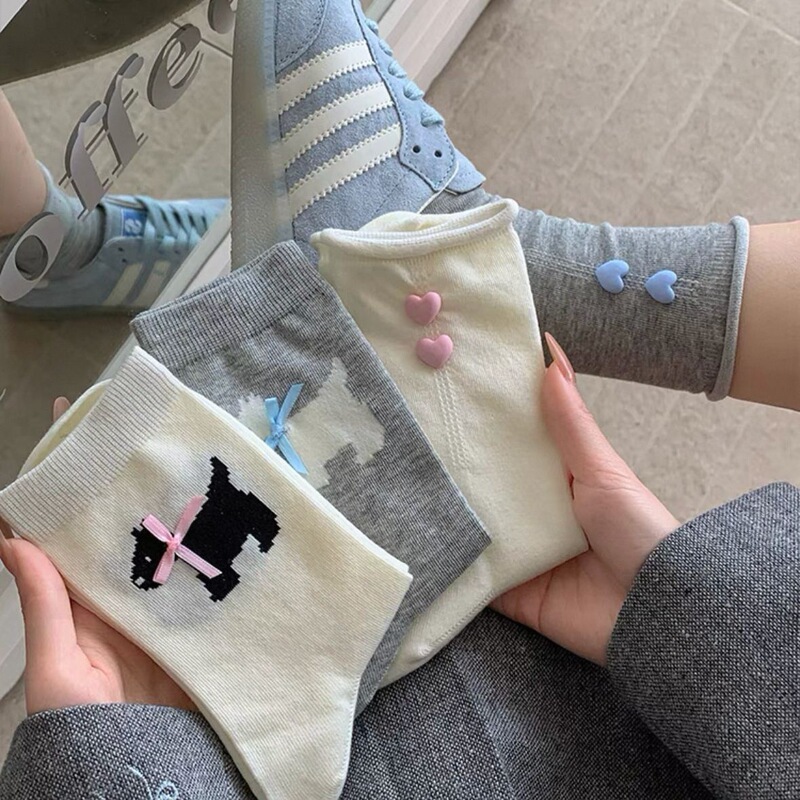 Cute Bowknot West Highland Puppy Socks Women's Spring and Summer Love Button Mid-Tube Socks Japanese Style Ins Fashionable Bone-Free Socks