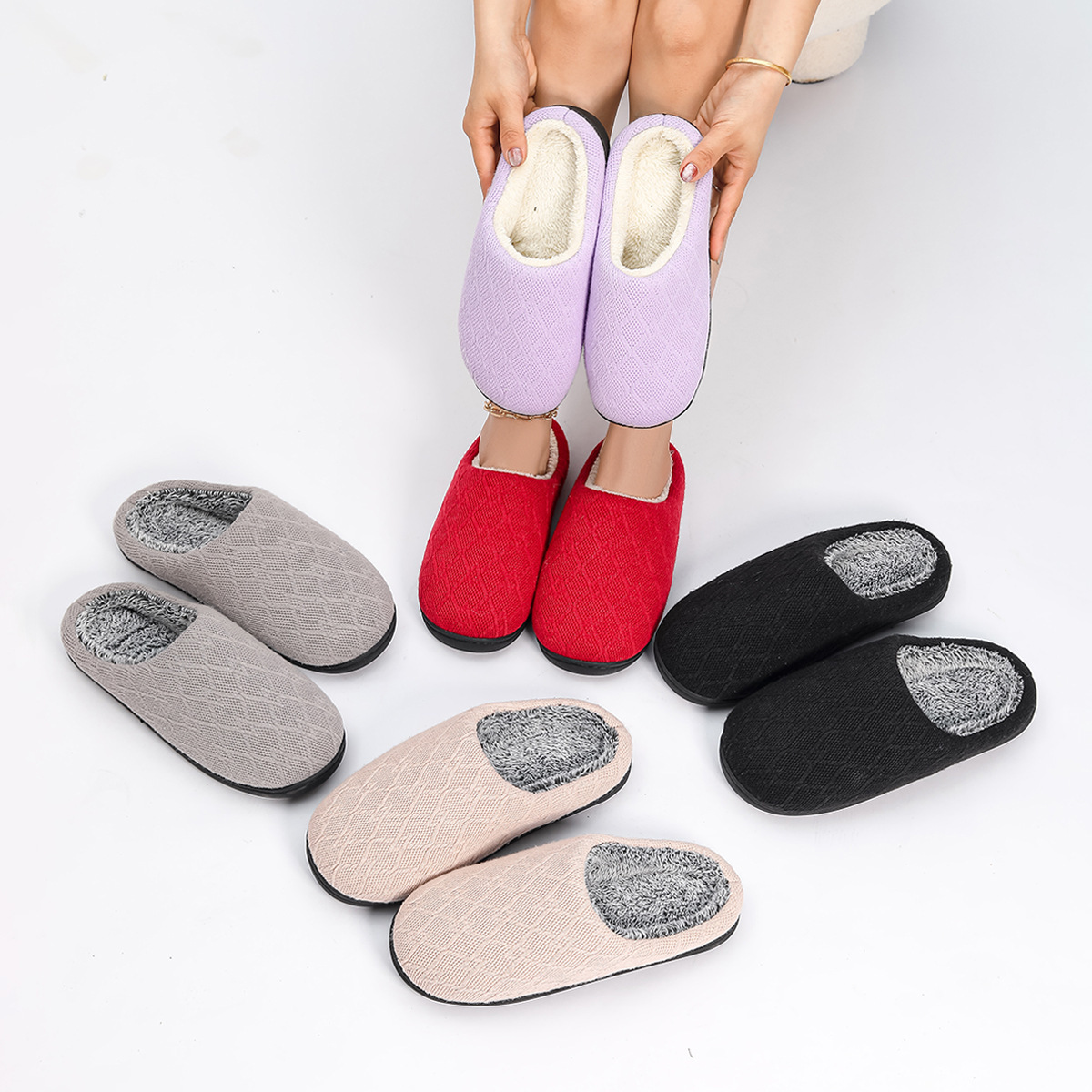 New woolly slippers with warm couples cotton slippers non-slip plus wool thickening cotton drag soft bottom in autumn and winter_voghion.com