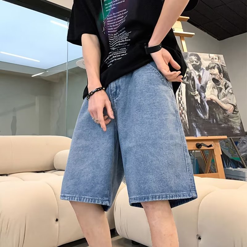 Ropa de trabajo pantalones cortos de mezclilla pantalones cortos de pierna ancha estilo de Hong Kong de estilo fino de verano para hombres pantalones sueltos de marca de moda con bolsillos grandes