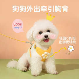 宠物外出小雏菊绣花牵引绳花边背心狗狗猫咪胸背带小型犬胸背跨境