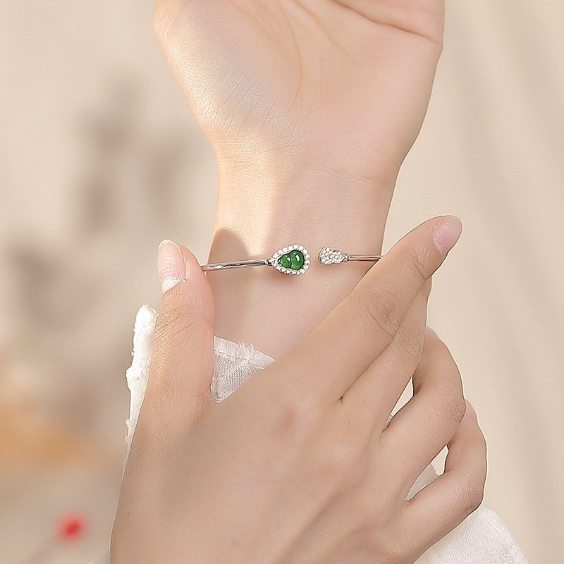 Vòng tay bạc S925 đính ngọc bích nước xanh phong cách Trung Quốc cổ điển họa tiết Fulu Bầu mở đơn giản — Mẫu ngọc bích nước xanh