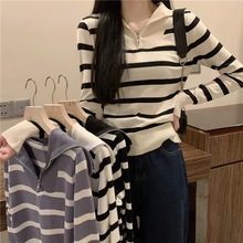 秋冬季女装新款海军领拉链长袖条纹针织衫小个子修身显瘦短款上衣