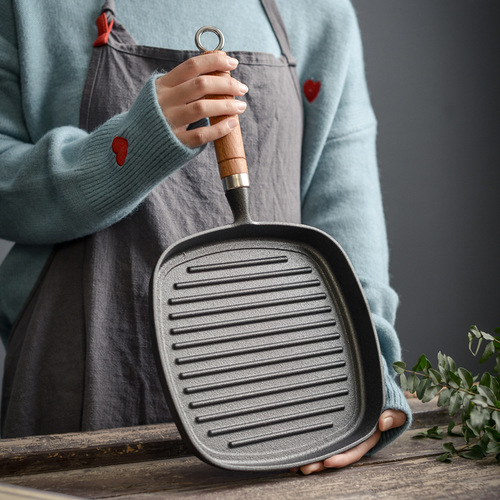 Small Happiness Cast Iron Wood Handle Pan for Home Use Striped Steak Pan Cast Iron Flat Pan Thick Pure Cast Iron Non-stick Pan