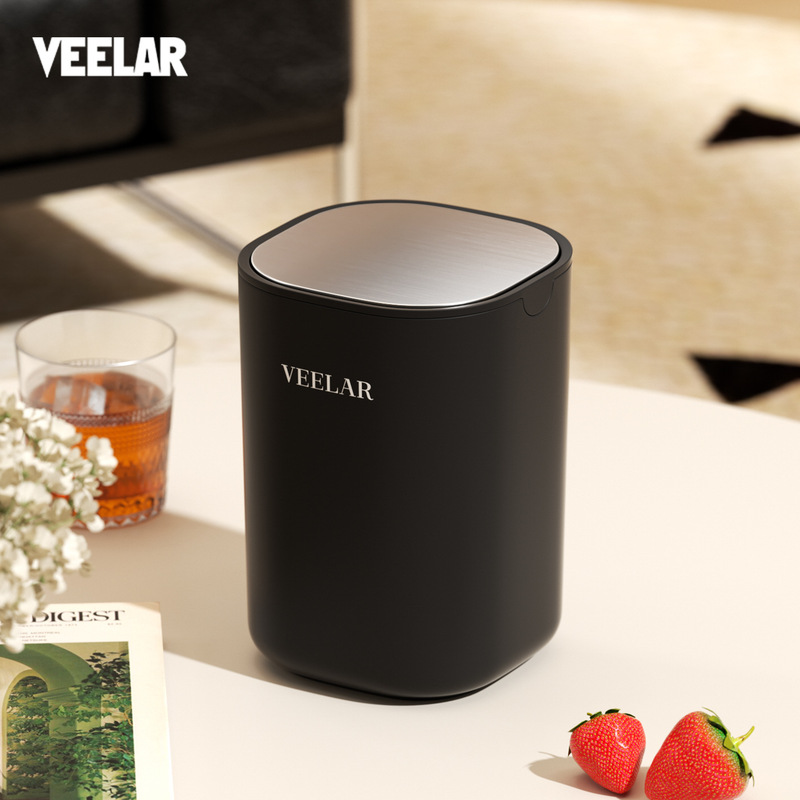 Veelar Desktop Trash Can for Home Use with Lid, Mini High-Value Aesthetic Waste Bin for Bedroom, Dining Table, Living Room, Small Countertop Size