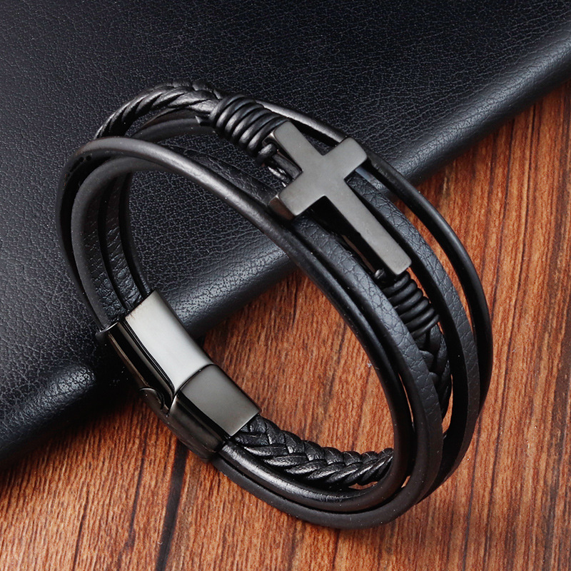 30g Weight Bracelets Classification Leather Chain Material 1 Piece Quantity Daily Occasion Leather, Titanium Steel Material Cross Pattern Men's Gender Layered, Polishing Design Retro, Ethnic Style Style Retro Ethnic Style Cross Leather Titanium Steel Layered Polishing Men's Bracelets Men Cord & Leather Bracelets 11