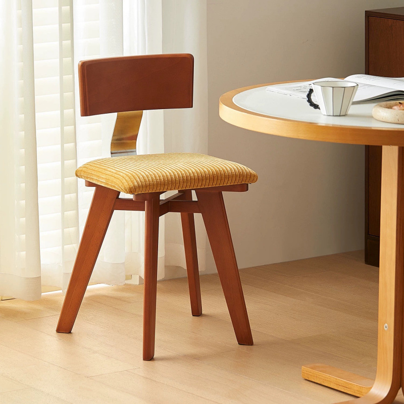 Vintage Dining Chair Corduroy Nordic Solid Wood Backrest Dining Table Chair Wabi-Sabi Style Stool Designer High-End French Style