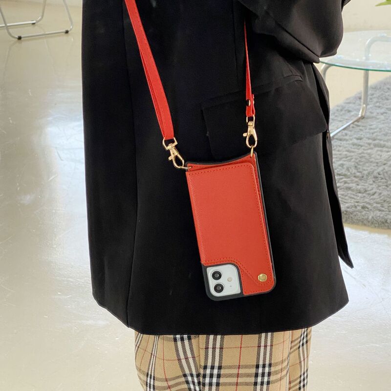 Mirror Crossover Lanyard Phone Case for Apple iphone16promax Fishtail Anti-Drop Card Leather Case 14