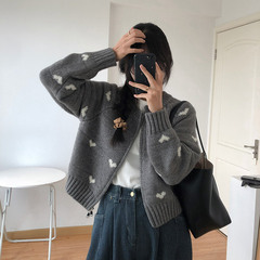 韩系秋冬新款双拉链针织开衫女时尚学院风圆领爱心提花毛衣外套女