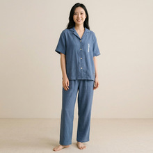 （精选）棉麻双层纱睡衣女柔软透气夏季梭织睡衣短袖套装家居服夏