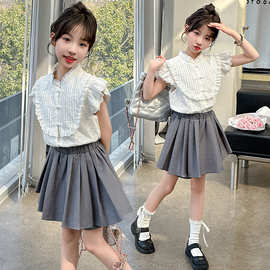 女童套装2024夏季新款儿童中大童韩版洋气蕾丝衬衫裙裤两件套童装