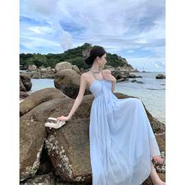 挂脖吊带连衣裙女夏季雪纺感超仙气质长裙海边度假裙子图片色