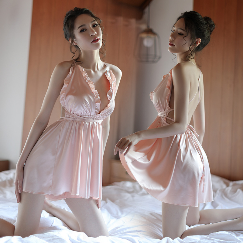 Deep V-Neck Sling Nightgown Ice Silk Babydoll in Pink, One Size — detail image 14