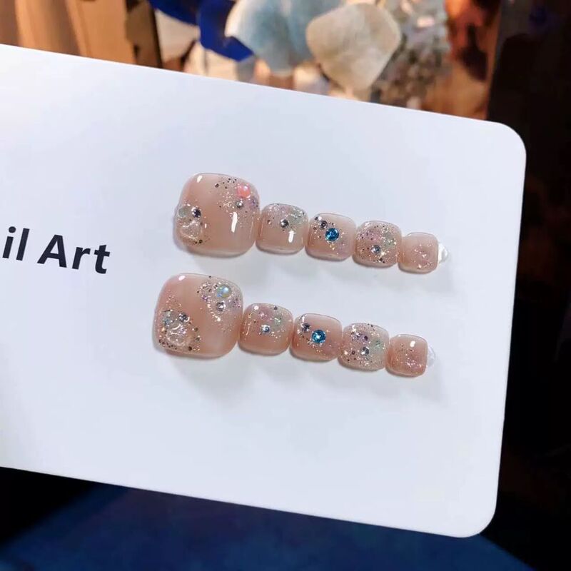 E110 Glass Beads Nude Color with Diamonds, Light Luxury Toenail Manicure, Toenail Stickers, Wearable Nail Art, Finished Product with a High-End Feel