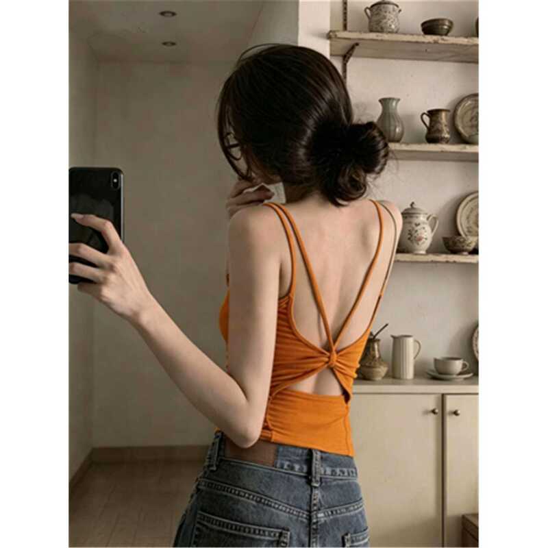 Warm Orange Color Double Thin Shoulder Straps with Twist Back Design, Summer Ins-Style Camisole with Chest Pads for Petite Hot Girls Warm Orange Color Double Thin Shoulder Straps with Twist Back Design, Summer Ins-Style Camisole with Chest Pads for Petite Hot Girls