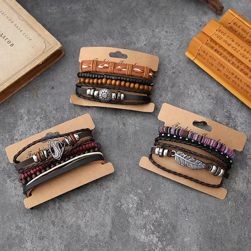 New cross-border set of feather beaded pull-string leather bracelets DIY combination ethnic style wristbands