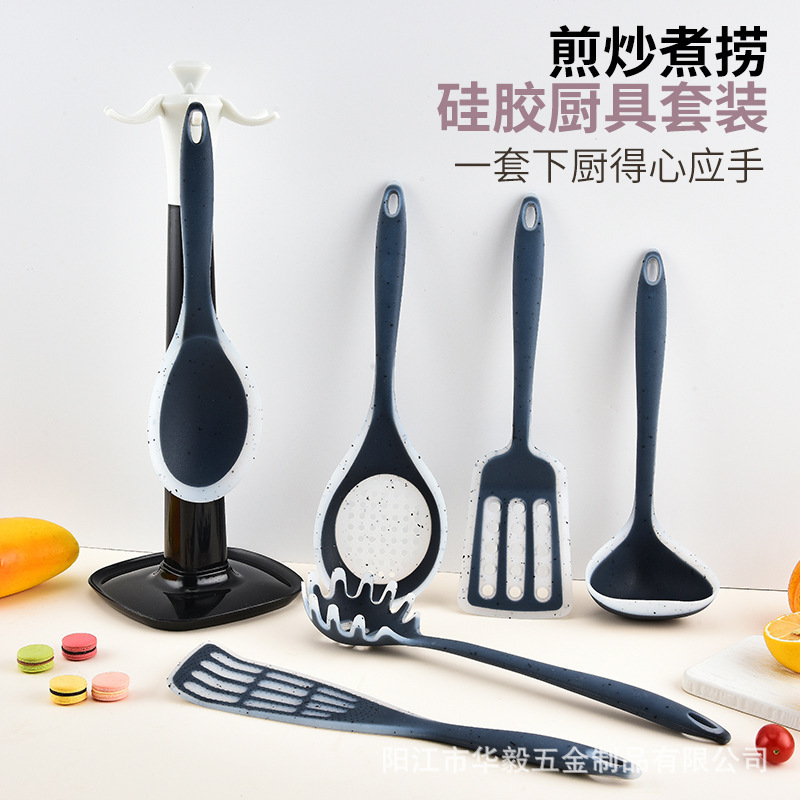 Utensilios de cocina transfronterizos de puntos de color, espátula de silicona semipermeable, soporte de almacenamiento de siete piezas de silicona, colador de pala de silicona en stock