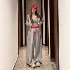 休闲时尚运动套装女早秋拼色大兜帽短款卫衣抽绳宽松阔腿裤两件套