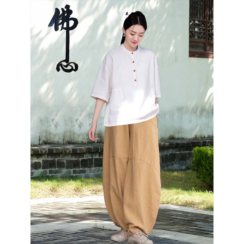女性用在家服、中国風婦人服、綿麻ボタン付きトップス、禅服、中国風仏教禅無地スーツ|undefined