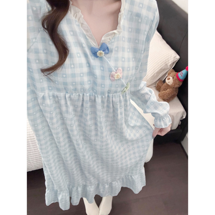 Women's autumn long-sleeve nightgown with chest pads, plaid, sweet, loose, plus-size maternity dress, suitable for home wear