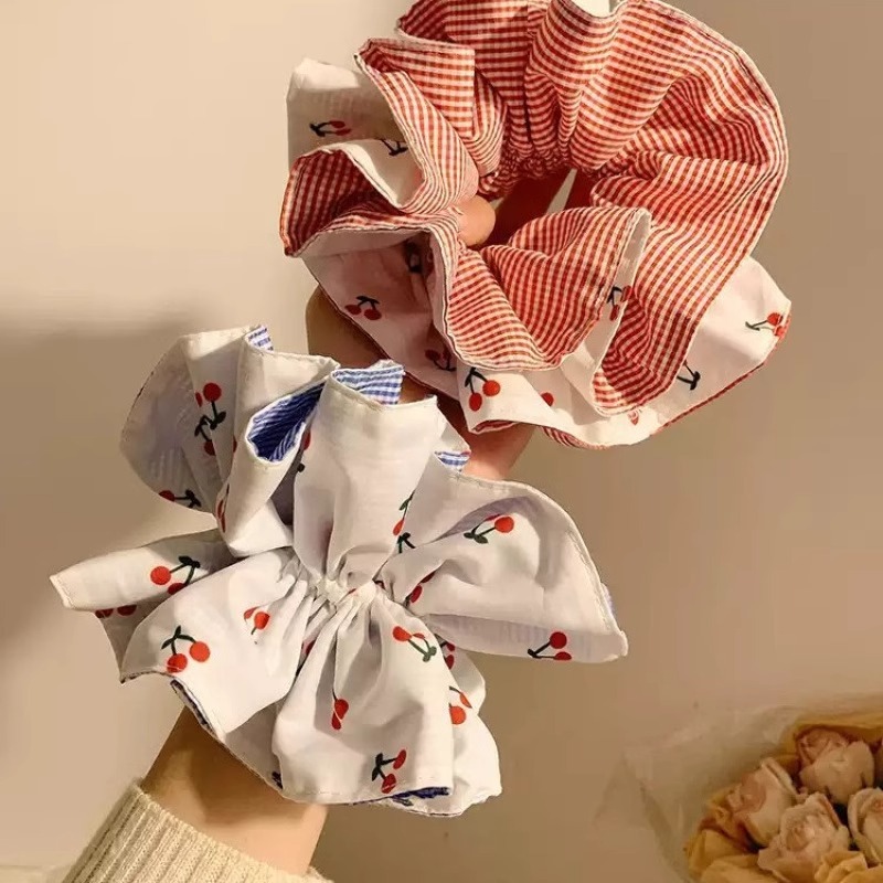 樱桃双层褶皱大肠发圈红色格子双拼蓝色格子田园风发圈马尾女头饰|undefined