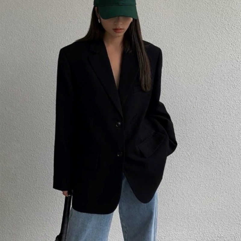 Черный костюм наплечный пиджак женский новый свободный корейский стиль ретро повседневный тонкий и дикий черный Xiao Xi Dai