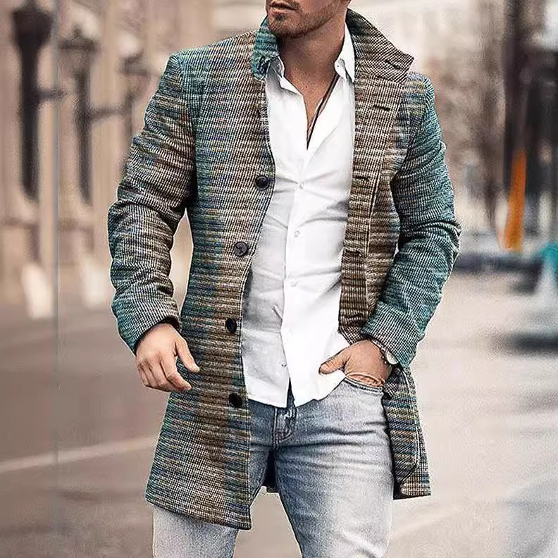 El Comercio exterior europeo y americano 2024 Otoño e Invierno nuevos hombres de lana casual moda solapa de longitud media capa de rayas de los hombres al por mayor