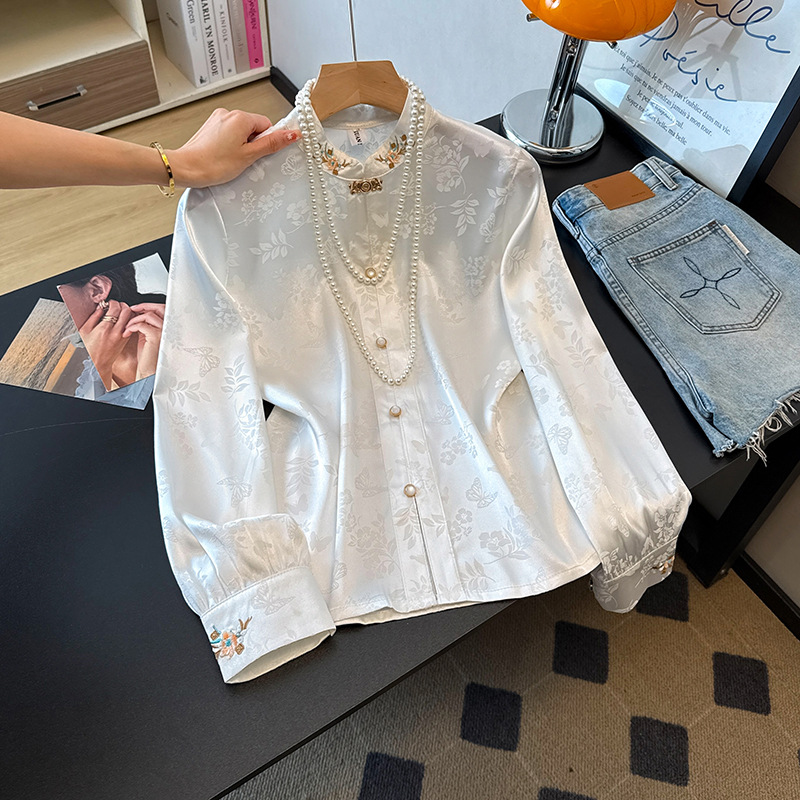 New Chinese-Style National Style Satin Embroidered Women's 2026 Spring New Jacquard Shirt Loose Slimming Top