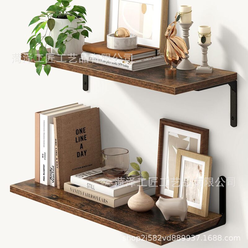 Rustic Floating Shelf 2-Piece Set Wall-Mounted Shelf with Metal Bracket Rustic Wood Wall Shelf Bathroom Suspension Hanging Rack