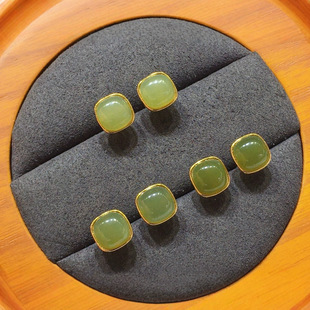 Kabasi S925 Silver Inlaid Natural Hetian Jasper "Sugar Cube" Earrings Simple Women's Antique Earrings Live Broadcast Hot Style
