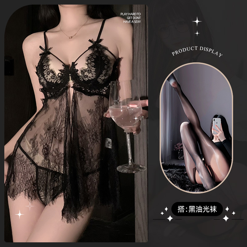 See-through 푸시 업 나이트 드레스 블랙 + t 바지 + 유성 팬티 스타킹