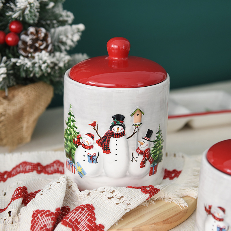 Nórdico de Navidad muñeco de nieve redondo sellado tarro grande de cerámica tarro de merienda creativo regalo de Navidad tarro de almacenamiento