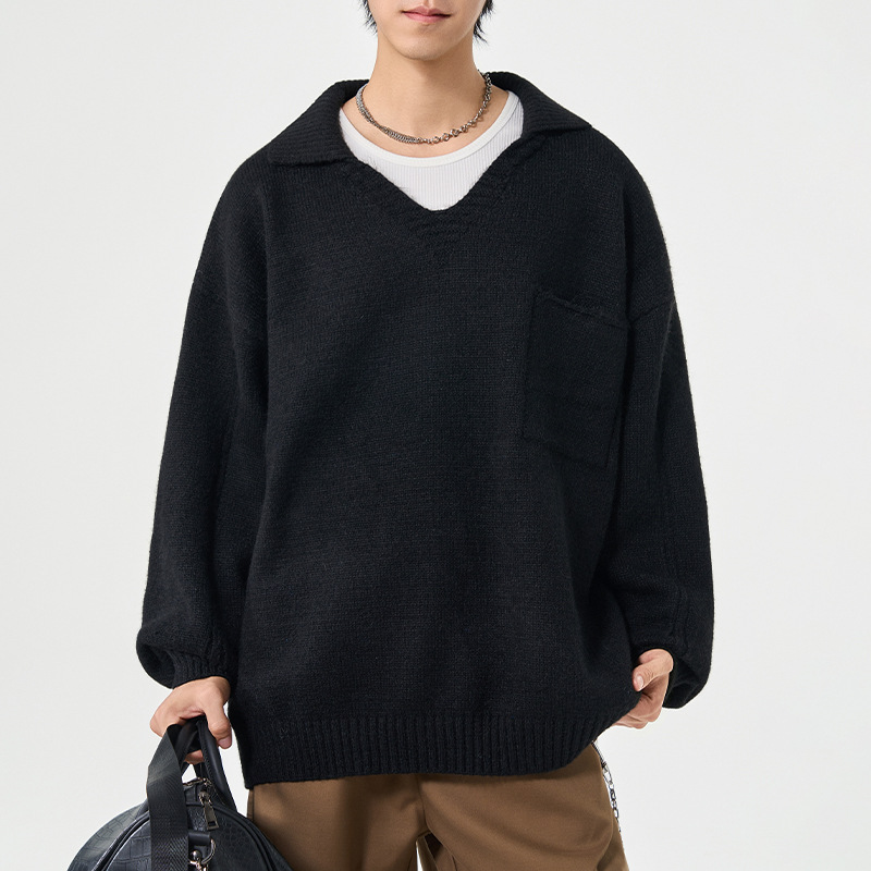 Minimalistische herentrui in Koreaanse stijl – effen gebreide trui met losse revers (zwart/marineblauw/groen/grijs/crème, M-3XL)_voghion.com