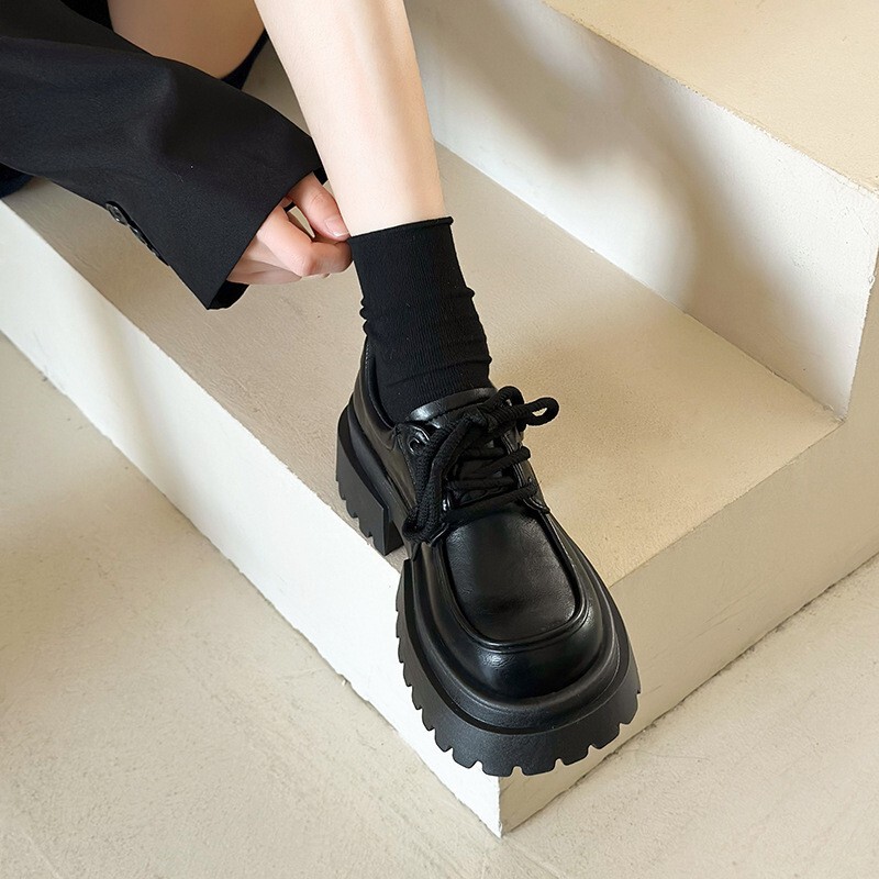 棕色增高厚底小皮鞋女2025新款秋季松糕英伦风复古jk圆头系带单鞋|undefined