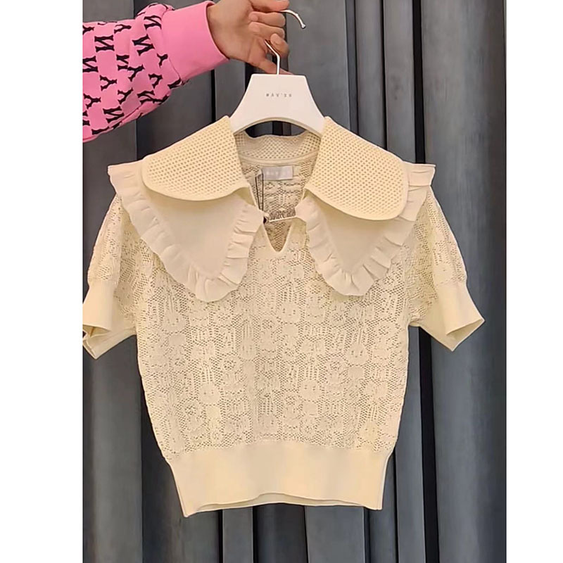 10963# doll collar knitted short-sleeved shoulder T-shirt 2022 new sweet cool unique short top for women Summer