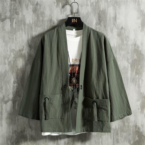 Verano estilo chino pluma tejida túnica Hanfu hombres cárdigan algodón y lino kimono japonés lino camisa de manga tres cuartos