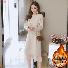 Y9Z秋冬新款韩版套头针织裙女加绒加厚中长款过膝小香风打底毛衣