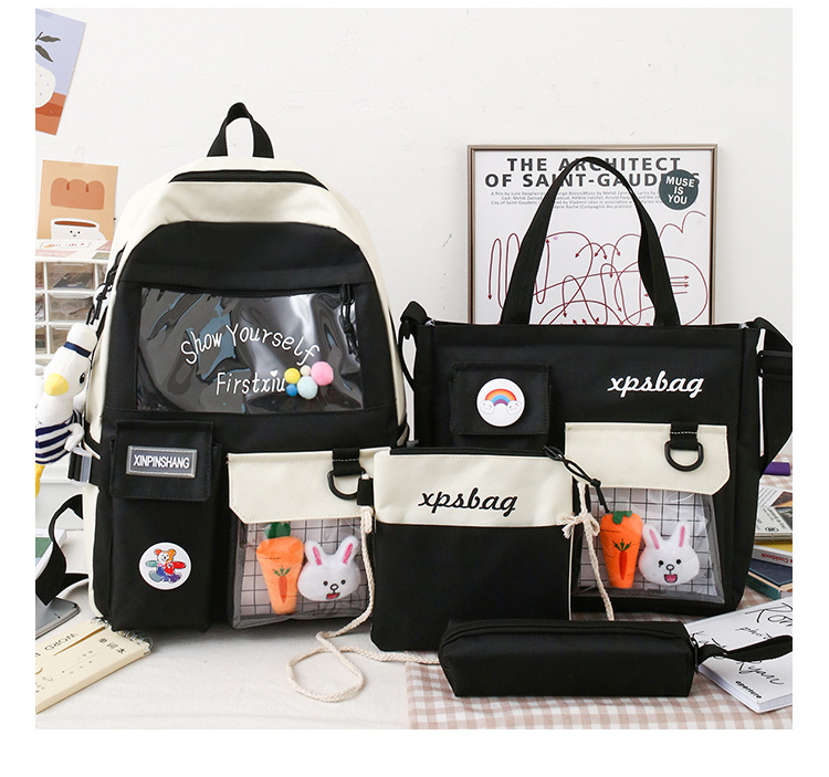 FourPiece Primary School Student Schoolbag New Ins Style Korean College Junior and Middle School Students Large Capacity Canvas Backpackpicture24