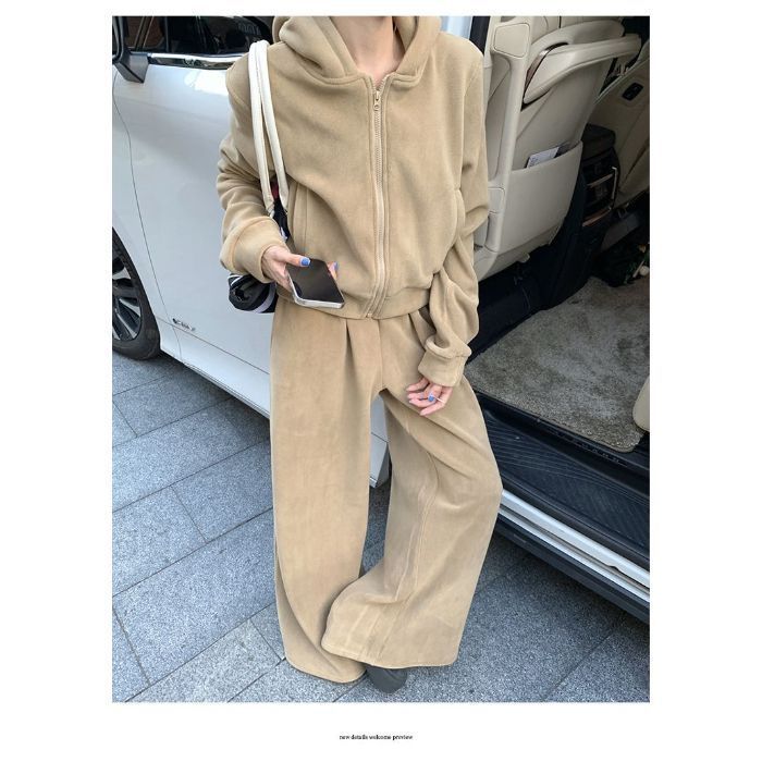 【自家工厂现货】小众连帽女卫衣外套上衣长裤阔腿裤拖地裤两件套|undefined